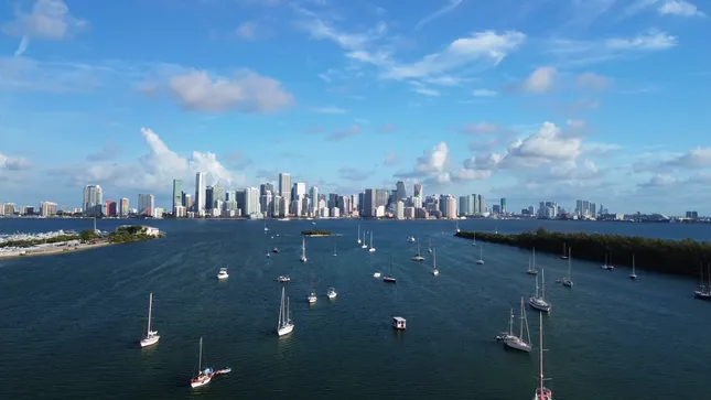 Key Biscayne view of Miami - Sunrise Drone Aerial