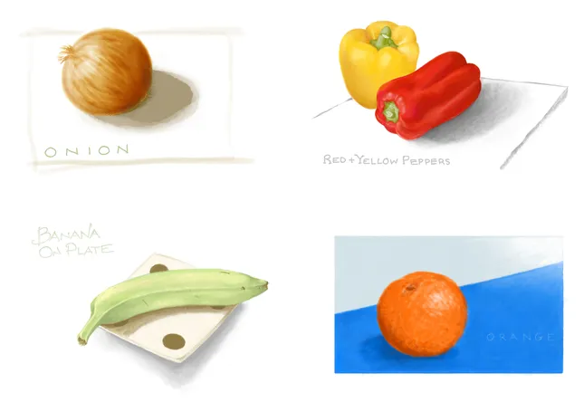 Hand-drawn motifs, portrait, and still-life