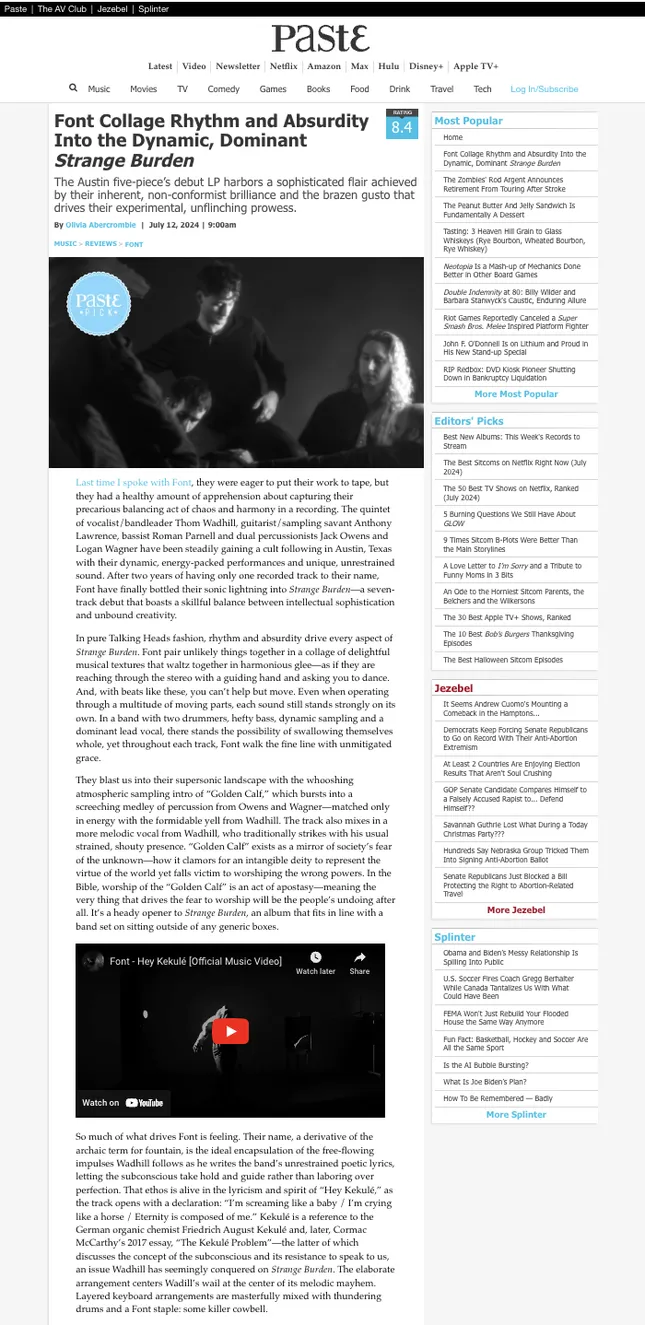PASTE Magazaine -  Font, 'Hey Kekulé' Music Video