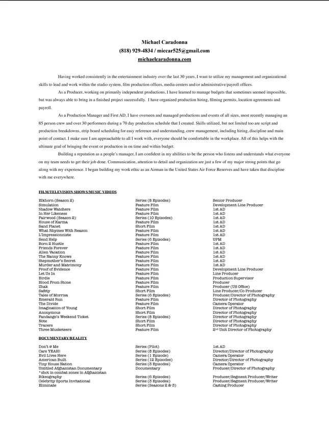 Physical Production Detailed Resume