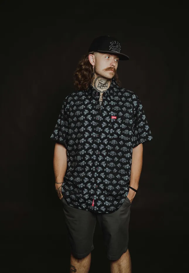 “FISH BONEZ” button up shirt and board shorts