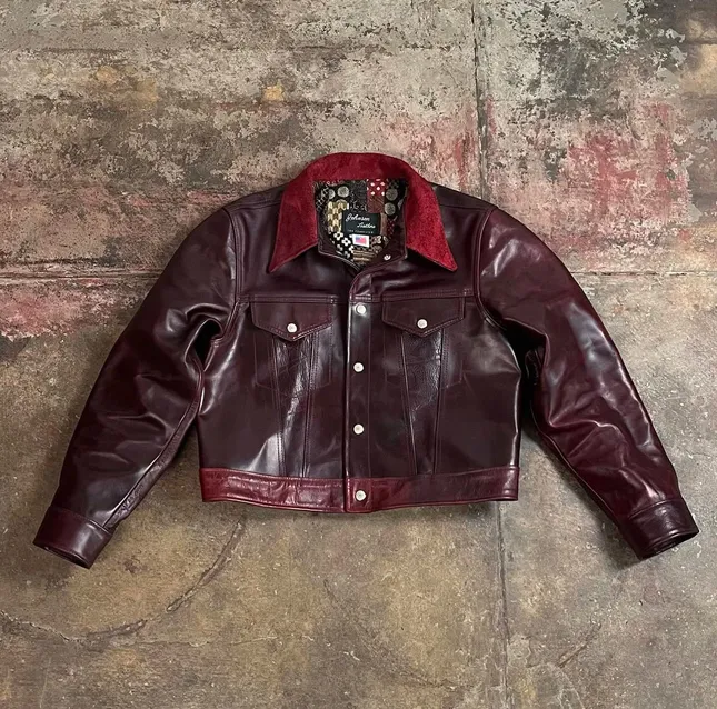 Cropped leather trucker jacket