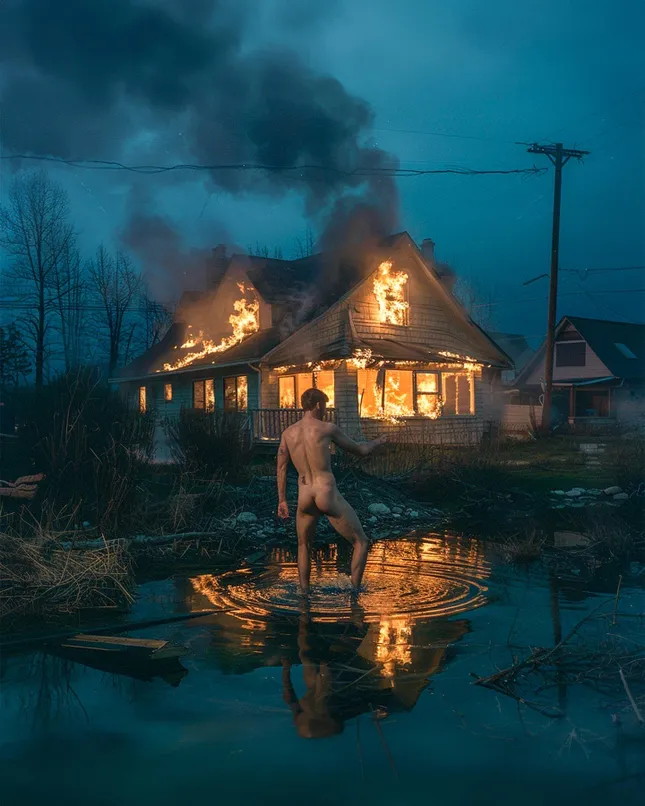 Man in front of burning home