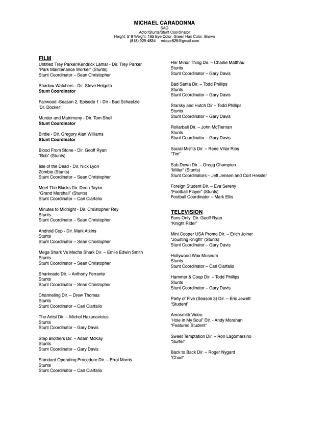 Acting/Stunts/Stunt Coordinator