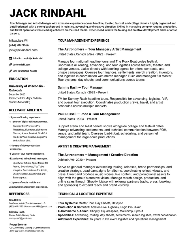 Jack Rindahl Tour Manager Resume